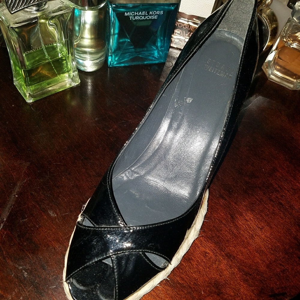 Stuart Weitzman Black Patent Peep Toe Wedges